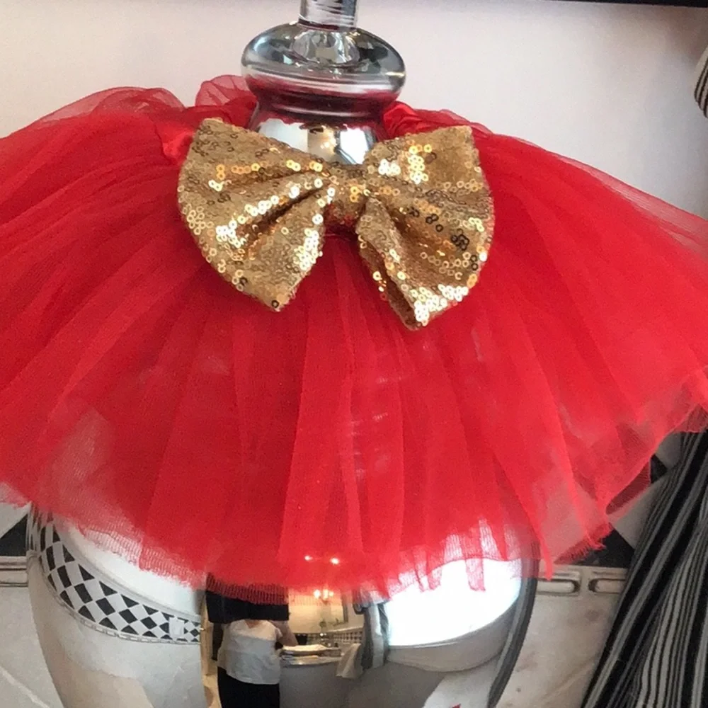 Red tulle tutu skirt with gold sequin bow and red headpiece